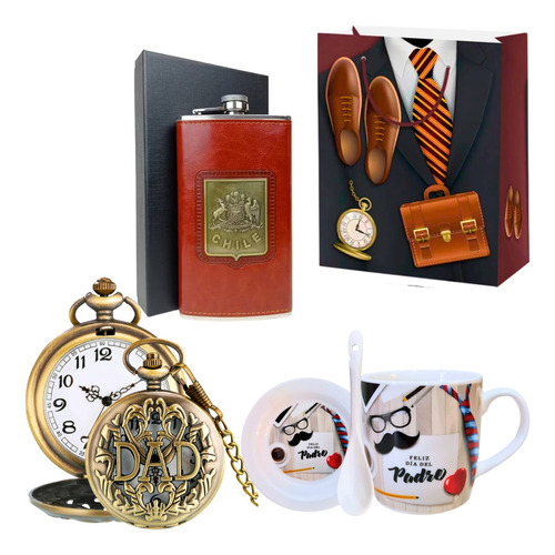 Kit Taza + Reloj Bolsillo + Petaca Regalo Feliz Día Papá