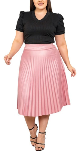 Saia Plissada Rodada Midi Tendencia Plus Size Com Elastico