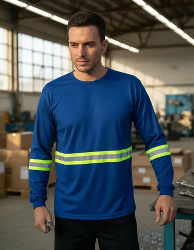 Camiseta Manga Longa Com Faixa Refletiva Malha Fria Trabalho | MercadoLivre