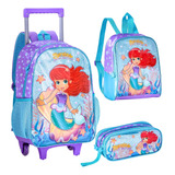 Mochila Rodinha Infantil Menina Sereia + Lancheira + Estojo