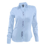 Camisa Blusa Azul Claro Bordada En Algodón Manga Larga Mujer