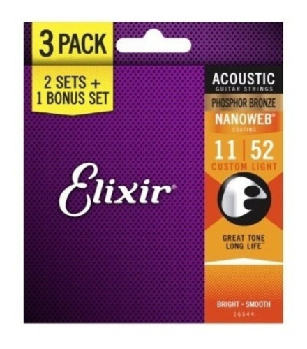 Cuerdas Elixir De Acero 11-52 Guitarra Acustica X3 16544