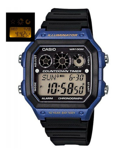 Reloj De Pulsera Casio Youth Ae-1300 De Cuerpo Color Azul, Digital, Fondo Negro, Con Correa De Resina Color Negro, Dial Negro, Subesferas Color Gris Y Negro, Minutero/segundero Negro, Bisel Color Azul