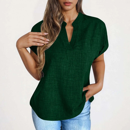Blusa L Para Mujer De Manga Corta Y Lino, Casual, Cuello En