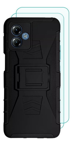 2 Micas + 1 Funda Uso Rudo + Clip Para Motorola G14  Negro