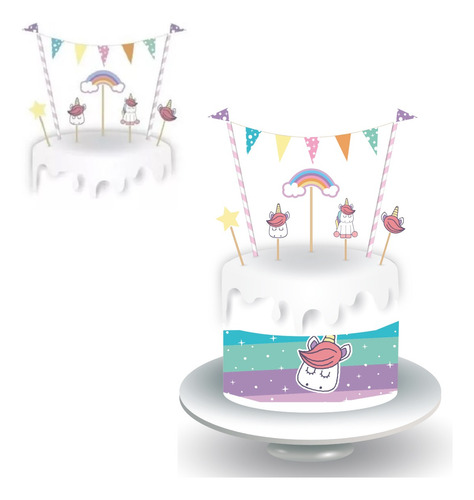 Adorno Torta Cake Toppers Unicornio Banderin Cotillon 