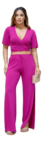 Conjunto Feminino Cropped 3 Em 1 E Pantalona Com Fenda