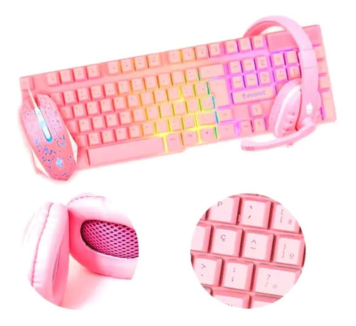 Kit Teclado Gamer Feminino Pink Iluminado + Mouse E Headset