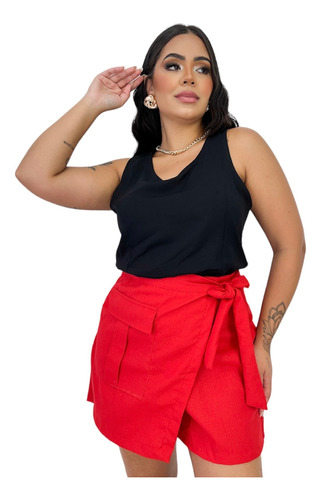 Short Saia Em Alfaiataria De Linho P Até Plus Size Verão 