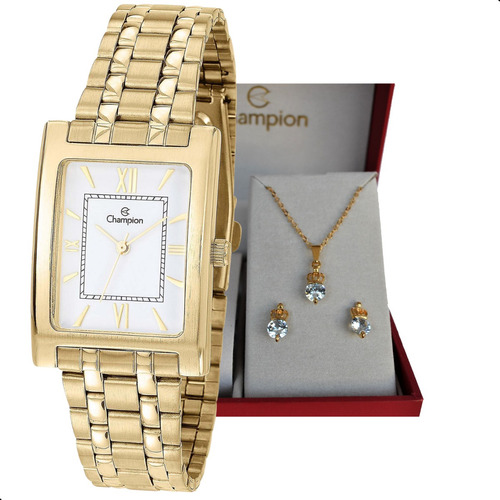 Relógio Champion Feminino Dourado Quadrado Original