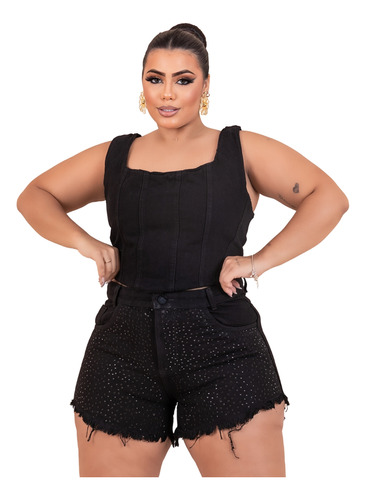 Short Jeans Plus Size Strass Espalhados E Cropped Conjunto