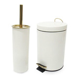 Conjunto Branco E Dourado Para Banheiro-lixeira Inox+escova