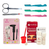 Kit Henna Sobrancelha Makiaj Com Pincel Duplo Navalhas Pinça Cor Castanho Claro