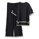 2 Piece Women's Knit Sweater Short Sleeve Wide Leg Pants Z