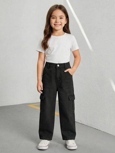 Jeans Cargo Negro Para Niña Corte Recto Cintura Alta