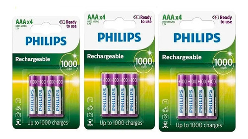 12 Pilhas Recarregável Palito Philips Aaa 1000mah Hr03 Nfe