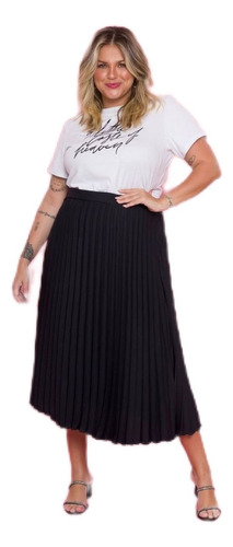 Saia Plissada Feminina Midi Plus Size Tendência G4 G5 G6