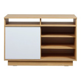 Rack Mesa De Tv Melamina 100 Cm Puerta Corrediza C/ Estantes Color Hickory Con Blanco