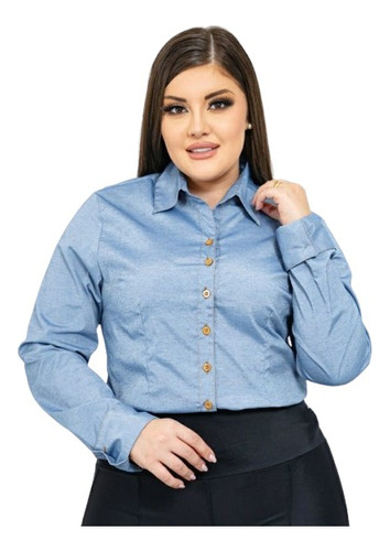 Camisa Camisete Blusa Feminina Manga Longa Jeans Plus Size