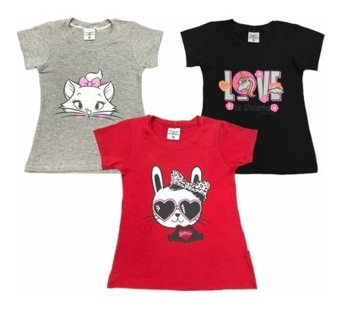 Kit 3 Blusa Camisetas Infantil Manga Curta Baby Look  Menina