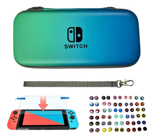 Estuche Rígido Viaje Aguamarina +vidrio+2 Grips Para Switch