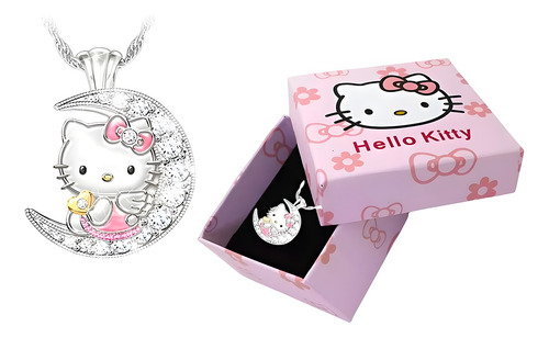 Collar Hello Kitty Con Luna Brillantes Cadena Plata Con Caja