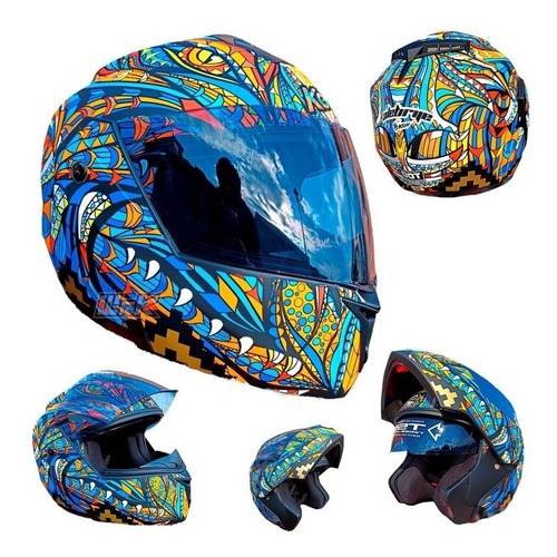 Casco Moto Azul Negro Abatible Alebrije Kov Certificado Dot