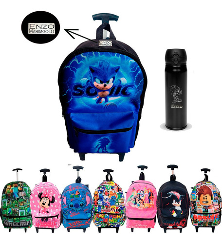 Kit Mochila Escolar Rodinha Infantil Garrafa Termica Nome 