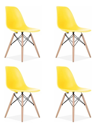 Kit 4 Cadeiras Charles Eames Wood Design Eiffel Amarelo