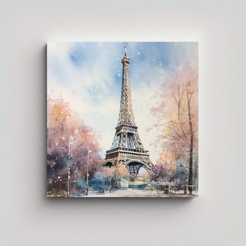 70x70cm Cuadro Vitalidad Torre Eiffel París Acuarela Flores