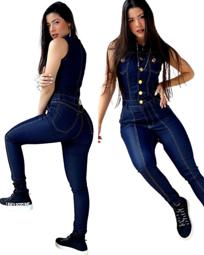 Macacão Jeans Feminino Longo Com Lycra Estilo Luxo Juvenil