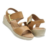 Sandalia Dama Green 93050 Camel Moda Casual Cuña 22 Al 26