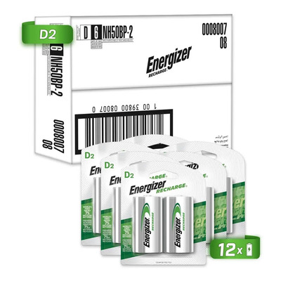 Energizer - Recharge - Baterías Recargables Tipo D - 2500 mAh - 1.2V Ni-MH - Precargadas Listas Para Usar en Linternas, Radios, Juguetes Grandes - Paquete con 12 Pilas Tipo D | Meses sin interés