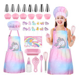 Juego De Cocina Infantil 34 Pz Uniforme Chef Unicornio Rosa