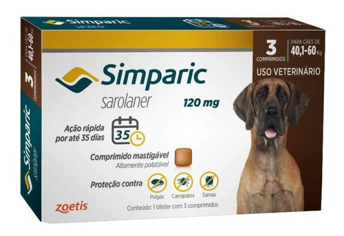 Antipulgas  Simparic 40 A 60kg Com 3 Comprimido Cães