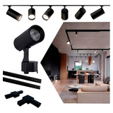 Kit Trilho Eletrificado 2m Preto+ 6 Spots Led 7w Luz Quente Cor Emenda L Bivolt