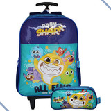 Mochila Escolar De Rodinhas Com Estojo Baby Shark Infantil Cor Azul-escuro