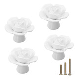 4 Tiradores Con Forma De Rosas Blancas De Ceramica