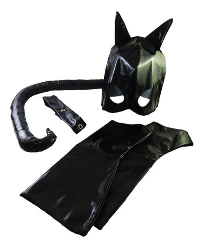 Kit Fantasia Mulher Gato Em Vinil  4 Pçs Halloween 