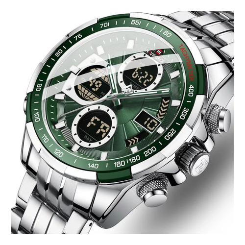 Reloj Deportivo Digital Naviforce Hombre Nf9197 Verde Acero Correa Gris Bisel Gris