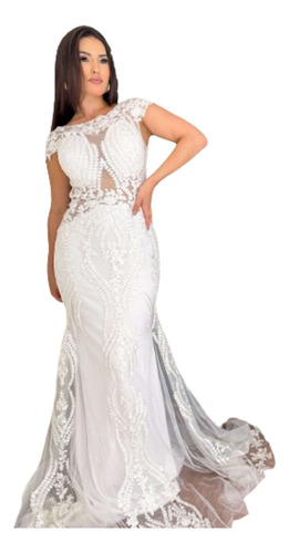 Vestido Longo Noiva  Sereia Tule Bordado Pedrarias L292