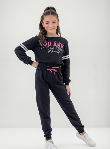 Conjunto Moletom Calça Blusa Cropped Juvenil Moda Inverno