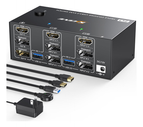 Conmutador Kvm De Monitores Triples 2 Displayport + Hdmi Usb