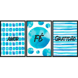 Kit 3 Quadros Fé Azul Placas Decorativas Frases Bíblicas