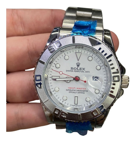Relógio Masculino Rolex Yacht Master Prata Com Branco