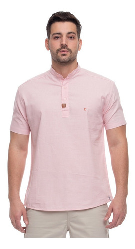 Camisa Bata Manga Curta Masculina Rosa Claro Em Linho Praia