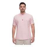 Camisa Bata Manga Curta Masculina Rosa Claro Em Linho Praia