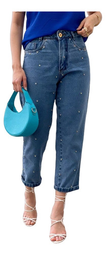 Calça Jeans Mom Feminina  Com Pedrarias Delicadas  Elegante 