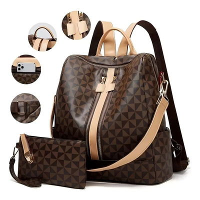 Kit Mochila Moda Casual Bolso Casual Para Mujer, 2 Piezas Café Geométrico