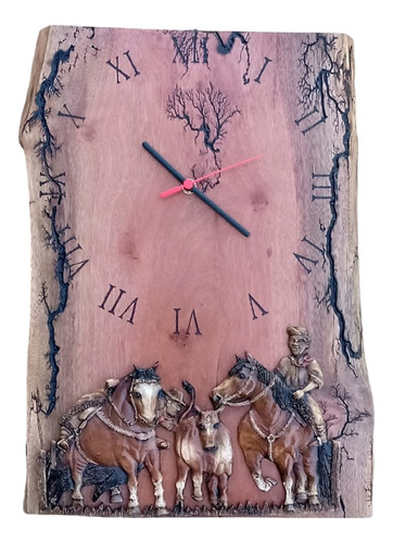 Relógio Rústico De Parede Madeira Resina Cavalos